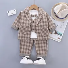 ☆ ブラウン ☆ 100CM ☆ フォーマルスーツ キッズ mw60403 フォーマルスーツ キッズ チェック柄 パンツスーツ フォーマル スーツ ジャケット 蝶ネクタイ リボン ズボン パンツ ベスト 子供服 子ども服 柄 ポケット 男の子 子供