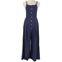 ☆ ネイビー ☆ フリーサイズ（M） ☆ サロペット レディース サロペット レディース ワイドパンツ パンツ つなぎ サロペ オーバーオール オールインワン ロング ロング丈 体型カバー ゆったり きれいめ シンプル 無地 ボタン 通勤 通学 春 夏 秋