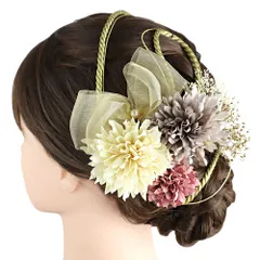 髪飾り 成人式 水引 振袖 前撮り 袴 花 7点セット 紫 ピンク 白 ゴールド 花 椿 菊 カスミソウ 造花 組紐 レース リボン Ｕピ No.12-0984