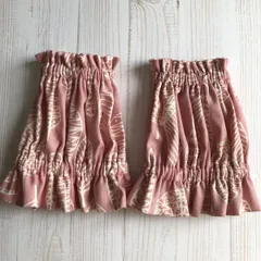 25)アームカバー　袖口カバー　ハンドメイド　ショート丈　アームシュシュ　北欧　リーフ柄　ピンク