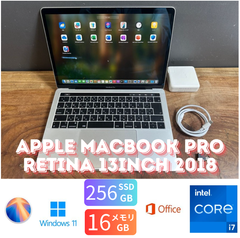 「美品新品バッテリー」Apple MacBook PRO Retina 13inch 2018/CPUi7 2.7GHZ/16GB/SSD256GB/Windows11/office2024/CJ311