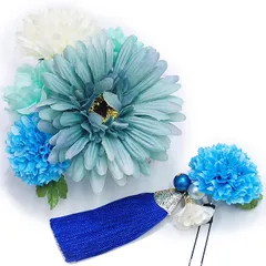 髪飾り 成人式 振袖 袴 ２点セット 青 ガーベラ 大人 浴衣 かんざし 簪 卒業式 フォーマル 結婚式 花飾り つまみ細工 リボン W58 W304-275 髪飾り 青 m963　WSi