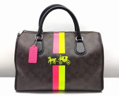 25k-293t【中古】COACH コーチ シグネチャー ダブルストライプ ホース アンド キャリッジ ベネット サッチェル ハンドバッグ ミニボストン F33889 SVDMS ブラウン ネオン レディース PVC キャンバス レザー