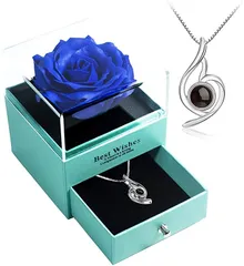 Laluna ソープフラワー プレゼント 造花 バラ 一輪の花 創作ジュエリー ギフトセット シルバー925 ネックレス ジュエリーブルー薔薇(青いバラ)