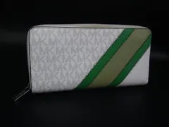 ■美品■ MICHAEL KORS マイケルコース クーパー MK柄 PVC×レザー ラウンドファスナー 長財布 ウォレット アイボリー系 DJ5837