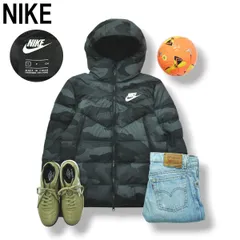 【美品】 ナイキ NIKE フーデット ダウン ジャケット ウィンドブレーカー キルティング スウッシュ ロゴ プリント ジャンパー S 迷彩柄 チャコール グレー メンズ