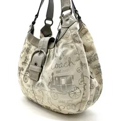 【良品】 COACH コーチ ハンドバッグ ワンショルダーバッグ ホースアンドキャリッジ 総柄 キャンバス レザー 革 ベージュ 肌色 グレー 灰色 ベルト ユニセックス 男女兼用 メンズ レディース