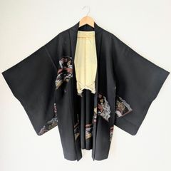 Japanese Vintage Haori Long Black Fan pattern Silk Kimono Jacket Old-ⅽloth 長羽織 羽織 正絹 古布 時代布 一点物 大正浪漫 和洋折衷