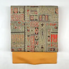 たんす屋 TANSU-YA 中古 リユース帯 名古屋帯 ベージュ色 朱色 マルチカラー カジュアル 塩瀬 染め オリエンタル柄 絹 未洗い MS3590