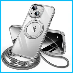 【在庫セール】iPhone (グレー スマホケース おしゃれ TPUバンパー シリコン 軽量 + PC 透明 14) 薄型 耐衝撃 ワイヤレス充電対応 MagSafe対応 多機能360度回転スタンド ストラップ付き ショルダー ダブルリング付き ケース 用 i