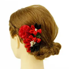 髪飾り 成人式 つまみ細工 赤 振袖 前撮り 袴 浴衣 夏祭り 花火大会 豪華3点セット 黒 ちりめん ヘアアクセ 新作 かんざし ヘ No.9-3615