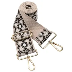 ショルダーストラップ 刺繍 幅広 花柄 ボヘミアン 調整 付け替え バッグ 用 ブラック＆ホワイト チェック