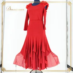 社交ダンス 衣装 ツーピース ワンピース ドレス クリエイトサン 赤 花柄 レース レッスン 練習着 レッド系 Create-Sun フリル 真っ赤 ドレス ワンピ 赤色 フラワー デザイン おしゃれ パーティー フォーマル レディース