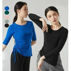 ダンス 練習着 レッスンウエア Tシャツ カットソー レディース ストレッチ ダンス トップス 長袖 無地 Tシャツ バレエ ヨガウエア 裾にスリット 紐リボン 動きやすい エレガント ダンス 練習着 カジュアルTシャツ xzxiaoyun209