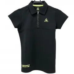 【超美品】ルコックゴルフ 半袖ポロシャツ 黒×イエロー系 ハーフジップ ファスナー部ロゴ レディース M ゴルフウェア le coq sportif