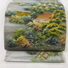 袋帯 美品 秀品 落款 風景 建物 螺鈿 金彩 銀色 お太鼓柄 正絹 【中古】