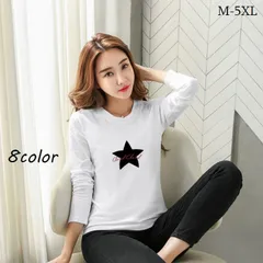 Tシャツ カットソー 長袖 レディース トップス 丸首 ラウンドネック セットインスリーブ 普通袖 英字ロゴ プリント スター 星 ソリッドカラー シ#cupload39513