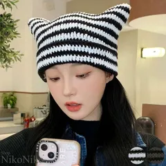 ショップにこにこ 猫耳 ボーダー ビーニーニット帽 ma 【即納】アーバンファッション パンクファッション グランジファッション 韓国アイドル 帽子 ニットキャップ ネコ耳 防寒 防寒対策