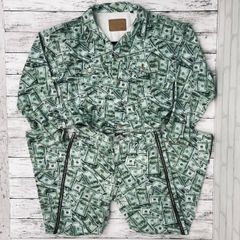 【上下/2サイズ】X-girl YURINO DENIM JACKET デニムジャケット/SIDE FULL ZIP PANTS パンツ/ドル札 紙幣 総柄/ダメージ加工/05193503 05193602/ 服飾 (72-2025-0709-KO-003)