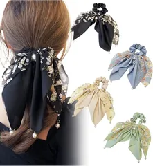 Herbeluemily(ハベルミリィ) シュシュ リボン 髪飾り 大きめ 髪ゴム 花柄 パール ヘアゴム 大人 ヘアアレンジ 4A(マルチカラー ブラック・ベージュ・ブルー・グリーン)