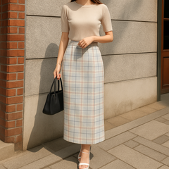 【すっきり美シルエットで大人可愛💎】チェック柄＊タイトロングスカート＊フロントスリット＊ライトブルー系＊Sサイズ＊ワンアフターアナザーナイスクラップ✨