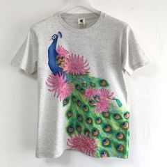 孔雀とクジャクサボテンの花柄手描きTシャツ
