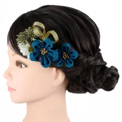 髪飾り 成人式 つまみ細工 ゴールド 振袖 前撮り 袴 花 青 青緑 白 ちりめん 組紐 ビーズ 小さい 2点セット 着物 和装 かんざ No.9-5652