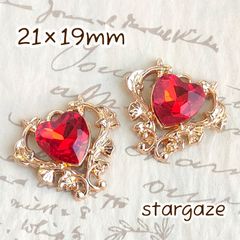 【 3個 】 21×19mm ハート唐草文様 センターパーツ ストーン ビジュー レッド×ゴールドフレーム