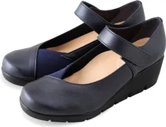 ファーストコンタクト パンプス レディース 痛くない ストラップ 歩きやすい ヒール 黒 靴 フラット ウエッジ ソール 美脚 厚底 ラウンドトゥ 仕事 nc39616 ネイビー（）  23.0cm