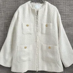 グリーンレーベルリラクシング　green label relaxing　ツイードジャケット　金釦　フォーマル　ノーカラー　アイボリー　38　M
