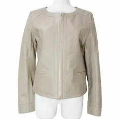 インディヴィ INDIVI レザージャケット 羊革 ノーカラー ジップアップ ヨーク キルティング 38 M相当 ベージュ X