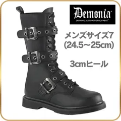 24.5 25 cm demonia デモニア ロングブーツ フラットヒール 3cm ヒール 黒 ブラック 合皮 つや消し ベルト バックル レースアップ ジッパー コンバットブーツ パンク 靴 レディース メンズ BOLT-330 BOLT330/BVL