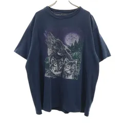 90s オールド オオカミ プリント 半袖 Tシャツ ネイビー シングルステッチ アニマル メンズ 古着