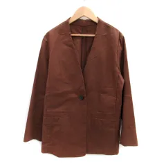 ナノユニバース nano universe ノーカラージャケット ミドル丈 麻 リネン混 36 茶 ブラウン /SM39 ■MO