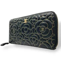 美品 シャネル CHANEL カメリア ラウンドファスナー 長財布 ブラック 黒 レザー 金 ゴールド金具 ココマーク 型押し ウォレット W6