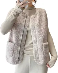 emptio エンプティオ ポケット付き ルームウェア ジップ ベスト 前開き レディース ボア 部屋着 モコモコ お洒落 可愛い 丸首 短め ポケット体型カバー トップス 前ファスナー 室内 セットアップ モード 防寒(アイボリー,  M)