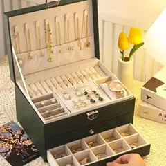 ジュエリーボックス アクセサリーケース 3段 鍵付き アクセサリー フェイクレザー ボックス ジュエリー 収納ボックス 宝石箱 引き出し付き 仕切り付き 大容量 収納 高級感 おしゃれ ネックレス ピアス 指輪 レトログリーン