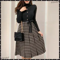 ニットワンピースレディース千鳥柄切替秋冬韓国 プチハイネック フレアワンピース Aライン きれいめ長袖ワンピース ウエストマーク 20代 30代40代オルチャンニットワンピ千鳥柄 体型カバー ニット フェミニン ワンピ