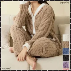  フリースパジャマ上下セット冬ルームウェア レディース ケーブル柄 部屋着セットアップ ふわふわナイトウェア 軽く暖かい 厚手保暖着る毛布 Vネックパジャマ 防寒 ぬくぬく寝巻き保温 ボアパジャマセット かわいい室内着人気