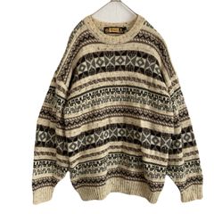 【海外規格L】古着　Maban of Scotland　ウール　クルーネック　セーター　ニット　フェアアイル柄　総柄　3Dニット　UK製