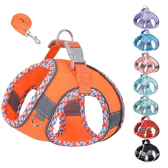 KUVEELA PET 小型犬 猫 中型犬 ハーネス リードセット 牽引ロープ 胸当て 胴輪 ドッグウエア 反射光ストリップ付き メッシュ おしゃれ 調節可能 お散歩 着脱簡単（オレンジ XS）ms9-35
