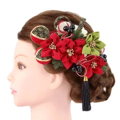 髪飾り 成人式 水引 つまみ細工 赤 振袖 前撮り 袴 花 2点セット 白 黒 緑 ゴールド ちりめん 房 房付き 組紐 玉飾り 麻の葉 No.9-5119