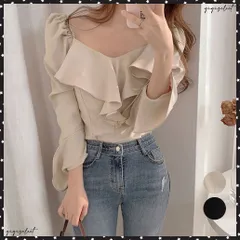 韓国ファッション 長袖ブラウス フリル襟レディース ラッフルカラー とろみブラウス パフスリーブ トップス フレア袖 おしゃれ ブラウス きれいめ 春先行 人気オルチャンブラウス 大人可愛いブラウス ペンタゴンネック