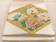 平和屋着物◎太鼓柄袋帯　唐織　牡丹　金糸　正絹　逸品　BAAT4491wb