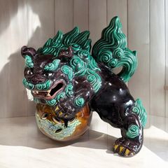 九谷焼 糠川清章 八幡窯 色絵 玉獅子 玉乗り獅子 唐獅子 置物 美術品 縁起物 オブジェ 陶磁器 陶器 骨董品 アンティーク