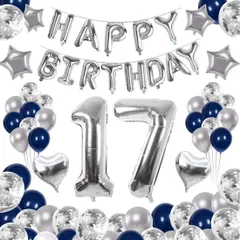 【在庫処分】64枚 17歳 誕生日 飾り付け 風船セット 数字バルーン 組み合わせ 「HAPPY BIRTHDAY」ランド ハート風船 紙吹雪風船 ドットシール 装飾 パーティー お祝い サプライズ シルバー＆ブラック 男の子 女の子