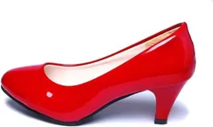 goodspoon パンプス レディース 靴 歩きやすい エナメル ミッドヒール オフィス 痛くない 疲れない リクルート フォーマル 黒 幅広 ラウンドトゥ プレーン 柔らかい ストレッチ 軽量 PUレザー 機能性(レッド,  23.0 cm)