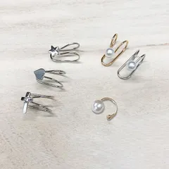 【お買い得6点セット】 デザインイヤーカフ ノンホール イヤリング耳 飾り 耳に挟むタイプ  スター パール ハート  クロス ゴールド シルバー エミリースタイル emilystyle