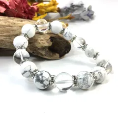 ハウライト&水晶 パワーストーン ブレスレット 天然石 12mm （シルバー）メンズ・レディース　男性・女性　数珠ブレス　開運  [1]
