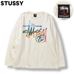 【定番】 ステューシー STUSSY シャネル ロゴ ブランド ネーム マルチカラー プリント 長袖 Tシャツ ロンT クルーネック カットソー 横割り L ホワイト ストリート カジュアル ウェア メンズ